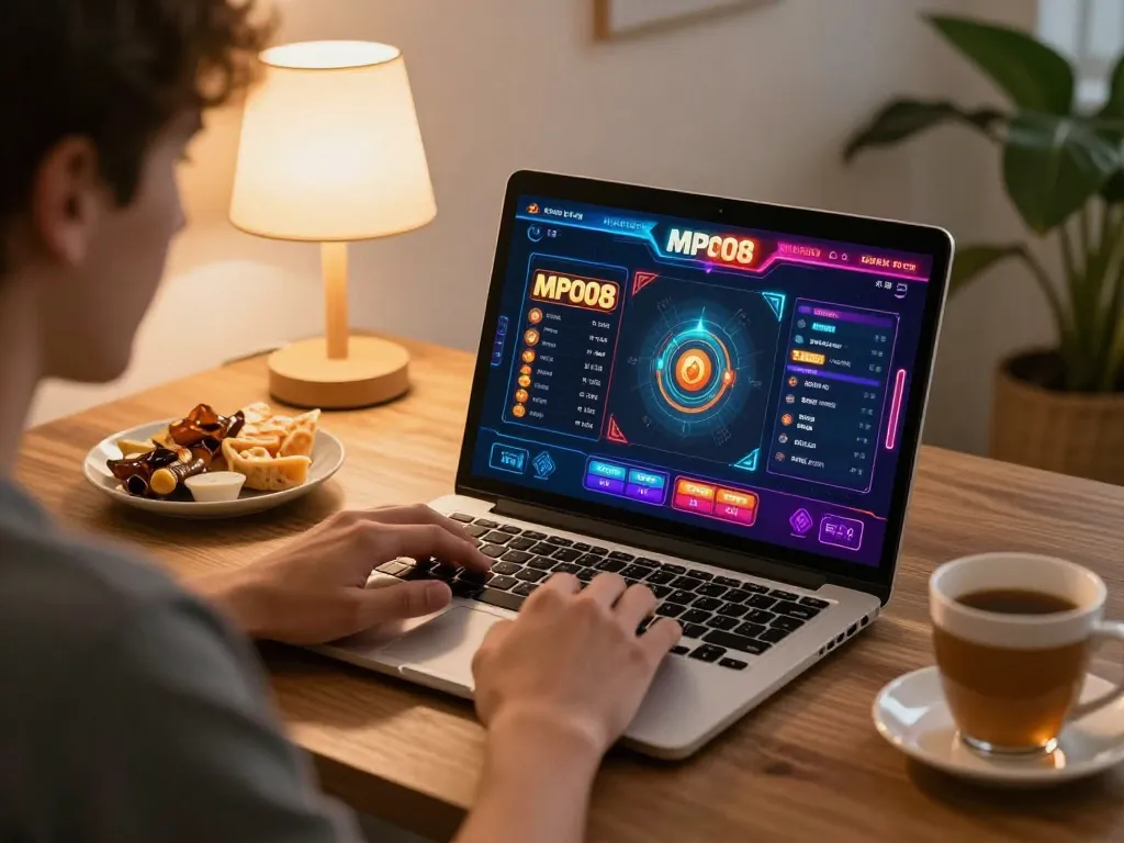 MPO08 gaming interface displayed on a laptop during an online gambling session at home, showcasing an interactive experience.