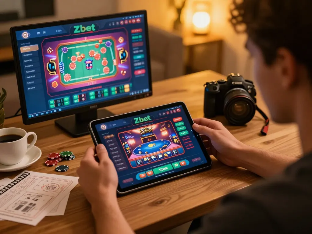 Zbet player enjoying an online casino game on a tablet with strategy notes nearby.