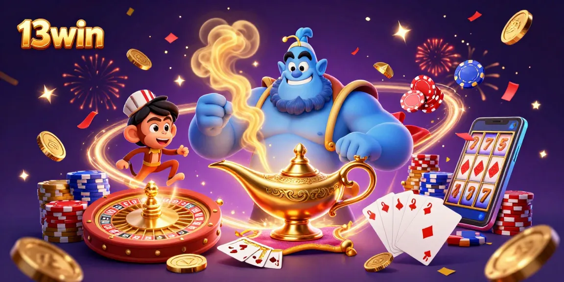 Experience thrilling wins at 13win with a vibrant 3D casino illustration showcasing gaming excitement.