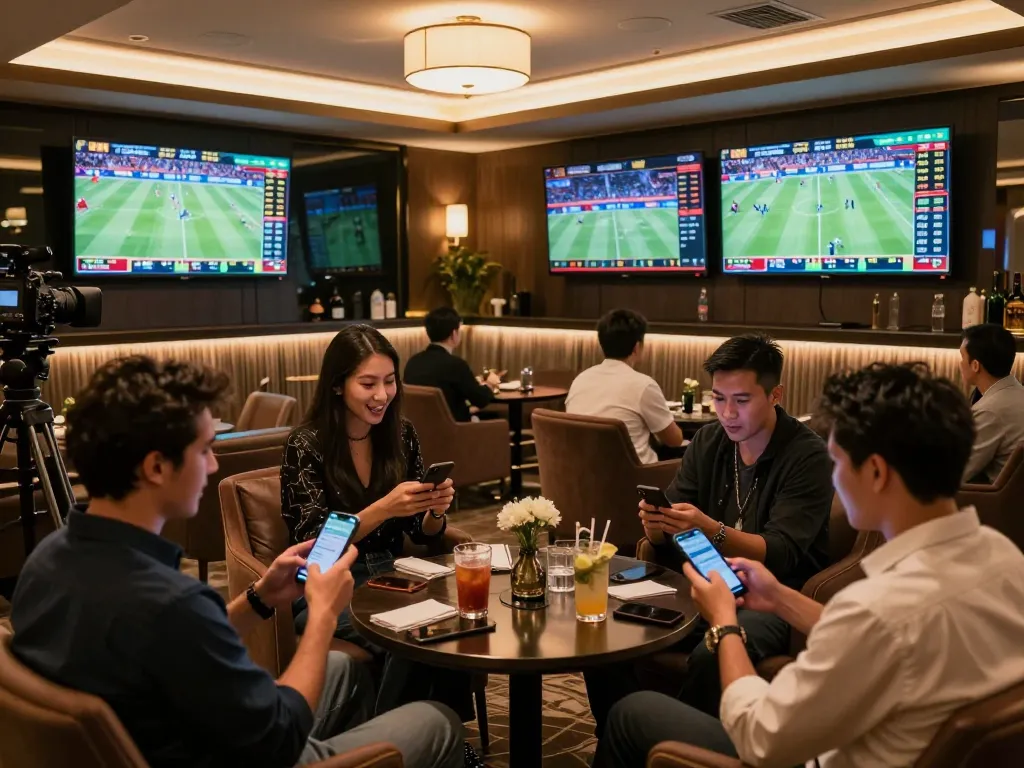 XIBET bettors monitoring live sports events and interacting with betting apps in a stylish lounge setup.