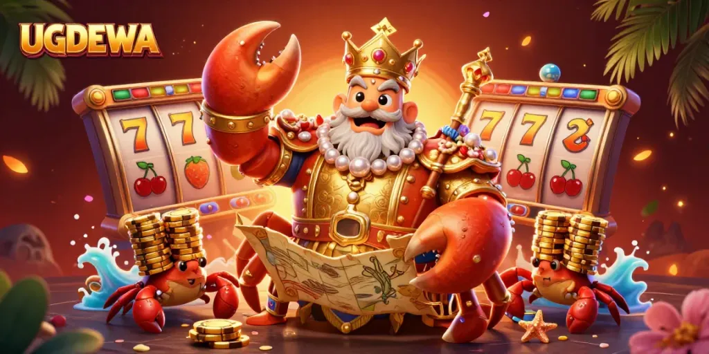 Win big with UGDEWA's vibrant gaming scene featuring a golden crab emperor and spinning slots.