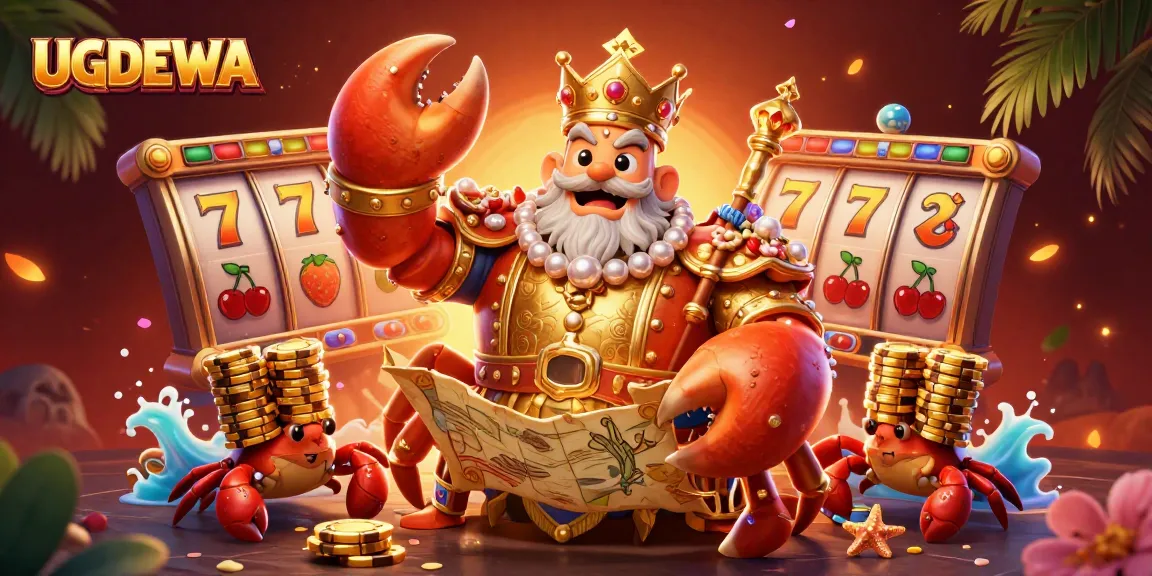 Win big with UGDEWA's vibrant gaming scene featuring a golden crab emperor and spinning slots.