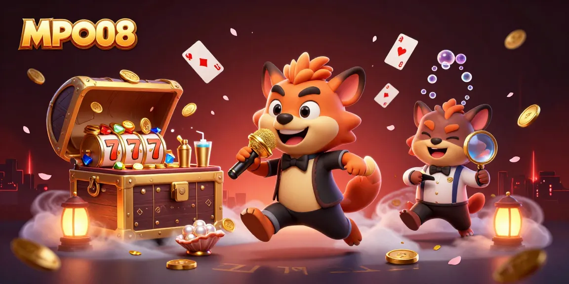 Experience the excitement of MPO08 with a vibrant 3D casino scene featuring lively hyenas.