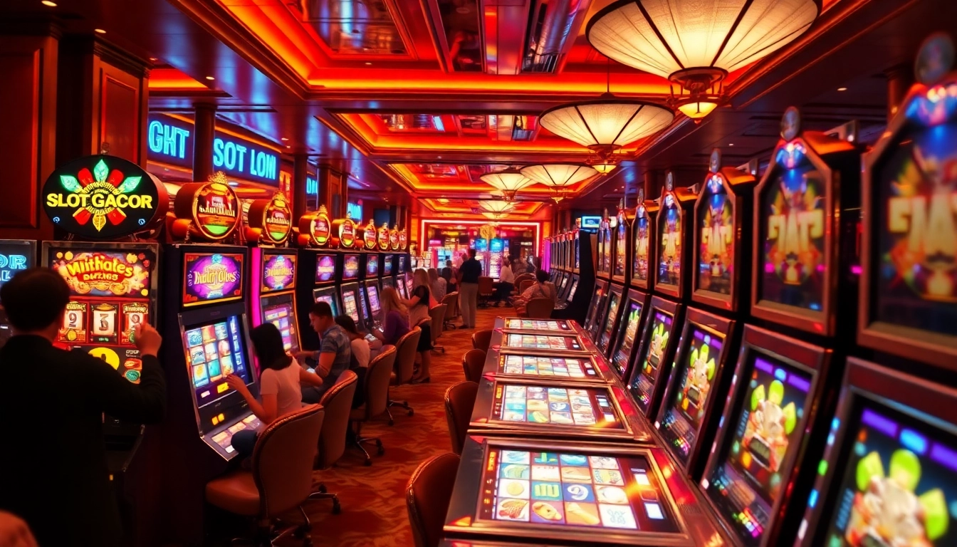 Players enjoying vibrant slot gacor machines in a lively casino scene