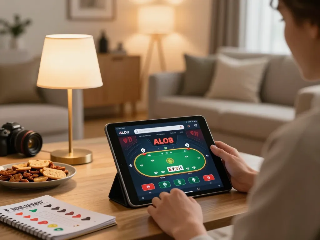 Player engaging with the alo8 app on a tablet during a home casino night.