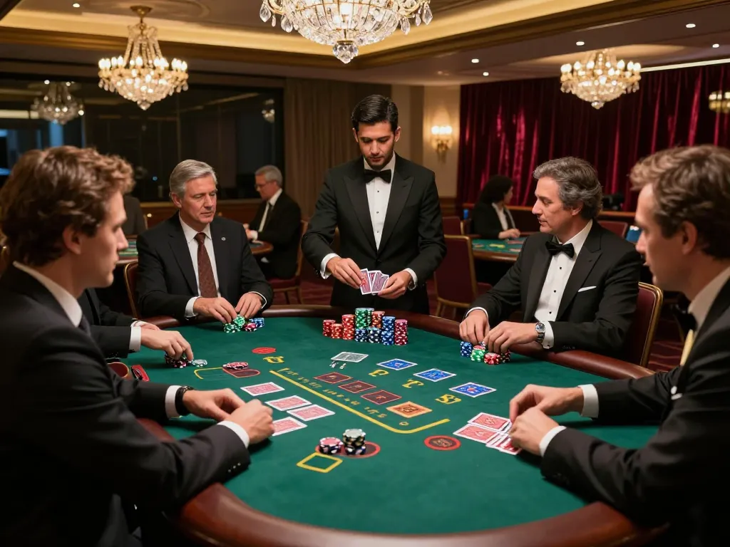 Engaged players at hubet blackjack table strategizing their next moves amidst an elegant casino setting.