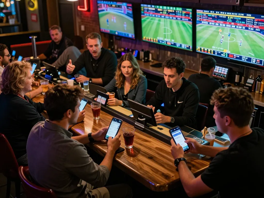 Engaged sports bettors analyzing odds and placing wagers on kèo nhà cái in a lively atmosphere.