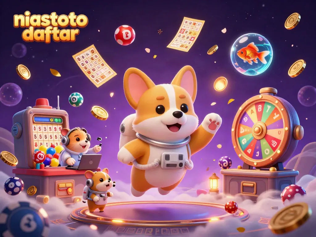 Menghadirkan momen berharga di niastoto daftar, corgi astronot bersantai di kasino luar angkasa, dikelilingi simbol permainan menarik.