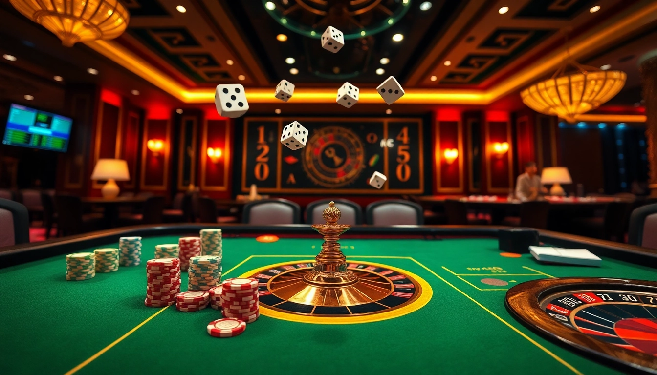 Thrilling gaming scene displaying tỷ lệ kèo nhà cái with colorful poker chips and a roulette wheel.