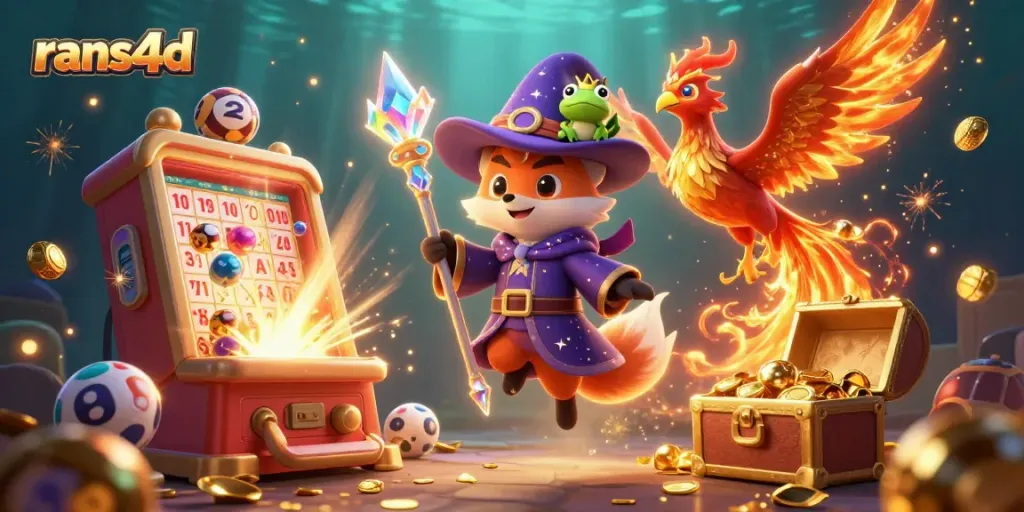 Rans4D menghadirkan pengalaman menarik dengan mesin lotere yang mengeluarkan bola bernomor, dikelilingi oleh karakter 3D fantastis.