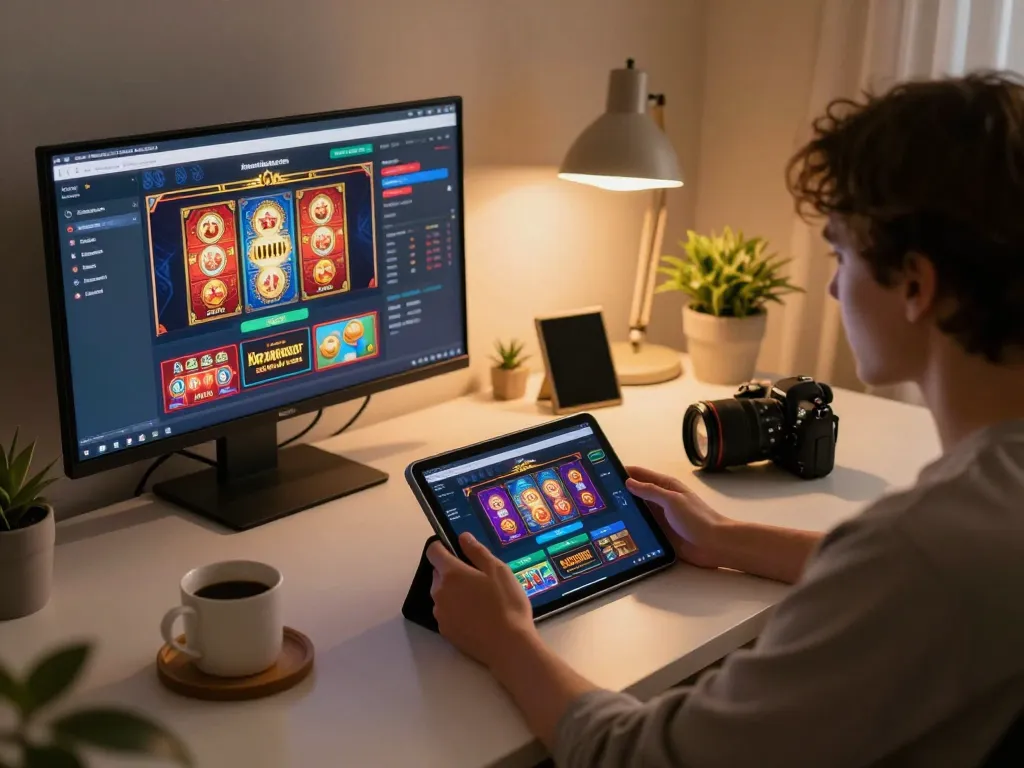 Engaging with kerajaanslot online casino on a cozy home setup, showcasing tablet interface.