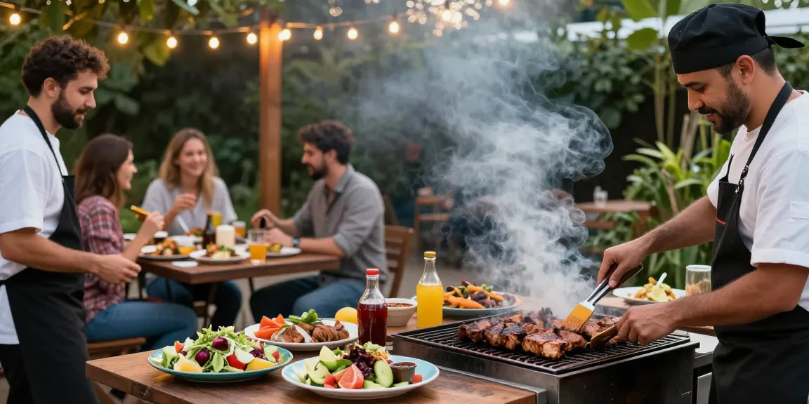 Suasana BBQ luar ruangan dengan BOS 88 dan berbagai hidangan lezat.