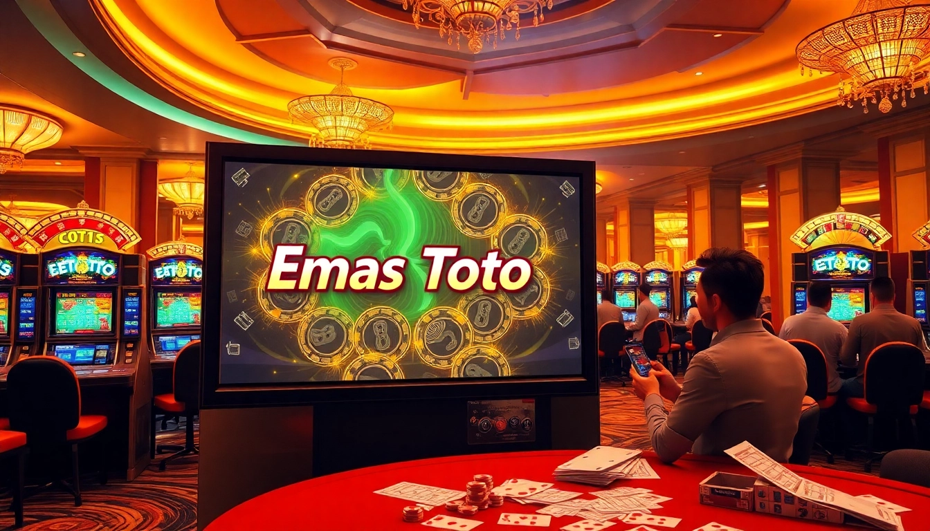 Experience the excitement of Emas Toto with vibrant slot machines and engaging players in a luxurious casino setting.