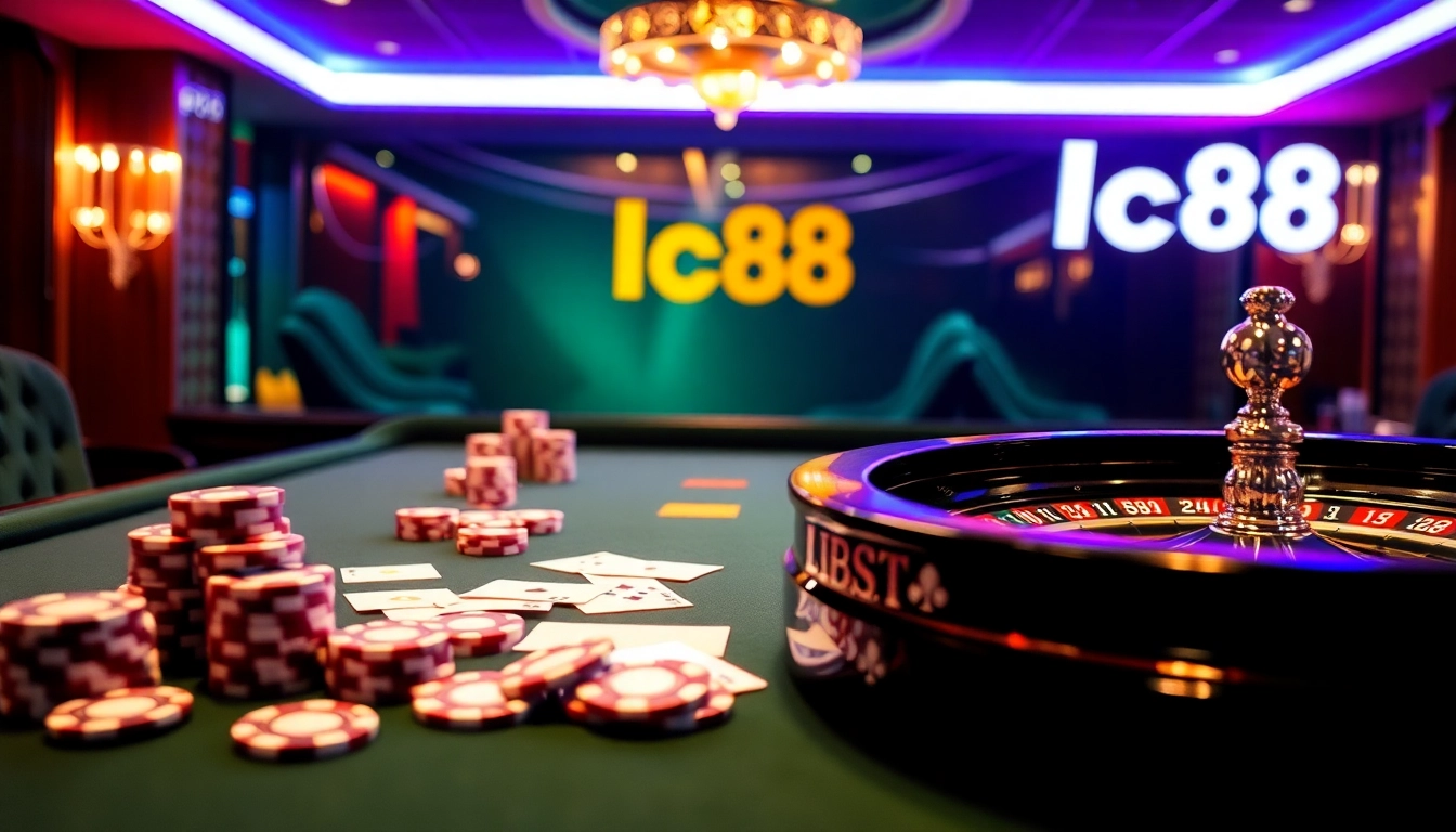 Engaging casino scene with poker chips and cards celebrating nhà cái lc88.