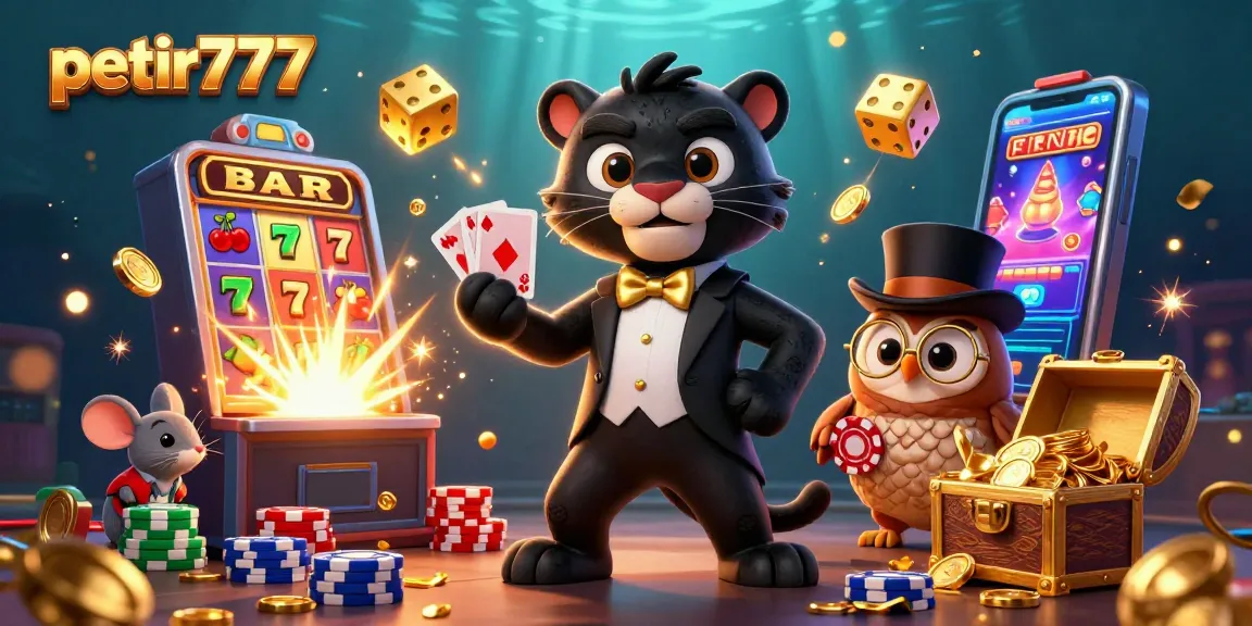 Experience thrilling gaming action on petir777 with a vibrant 3D casino illustration featuring stylish characters and games.