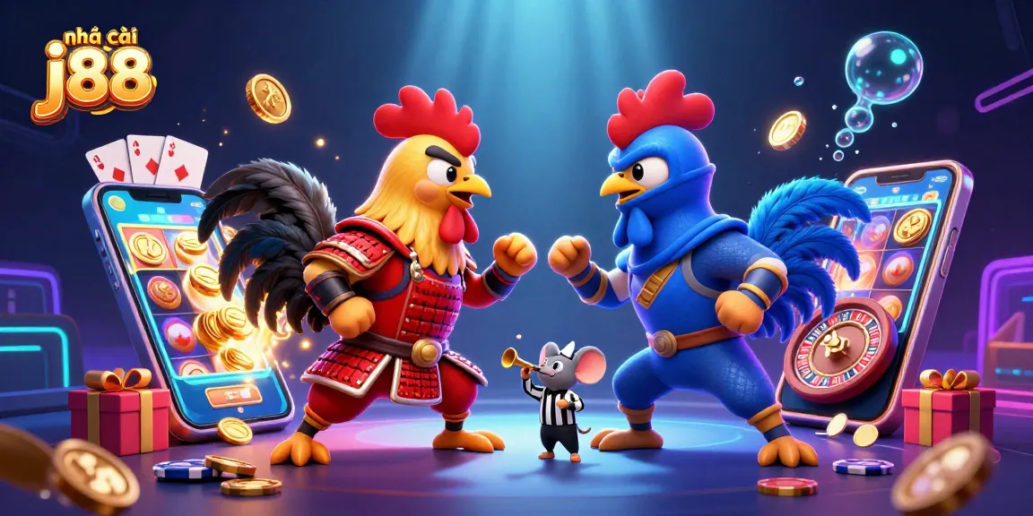 Experience excitement at nhà cái j88 with dynamic gambling elements featuring roosters in battle.