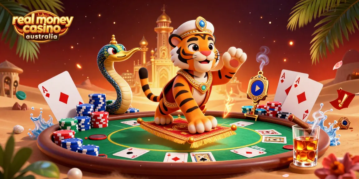 Experience the excitement of real money casino Australia with a vibrant scene featuring a tiger sultan and gambling elements.
