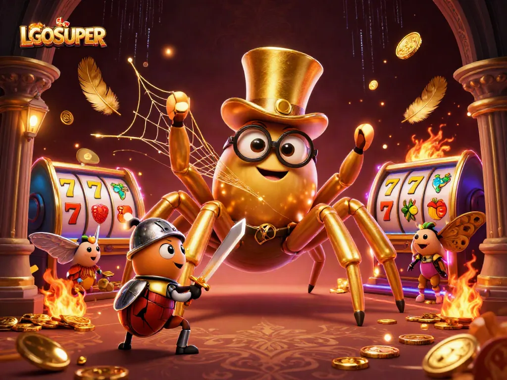 Engage with LGOSUPER in this vibrant scene showcasing a gold tarantula, knight, and slot reels.