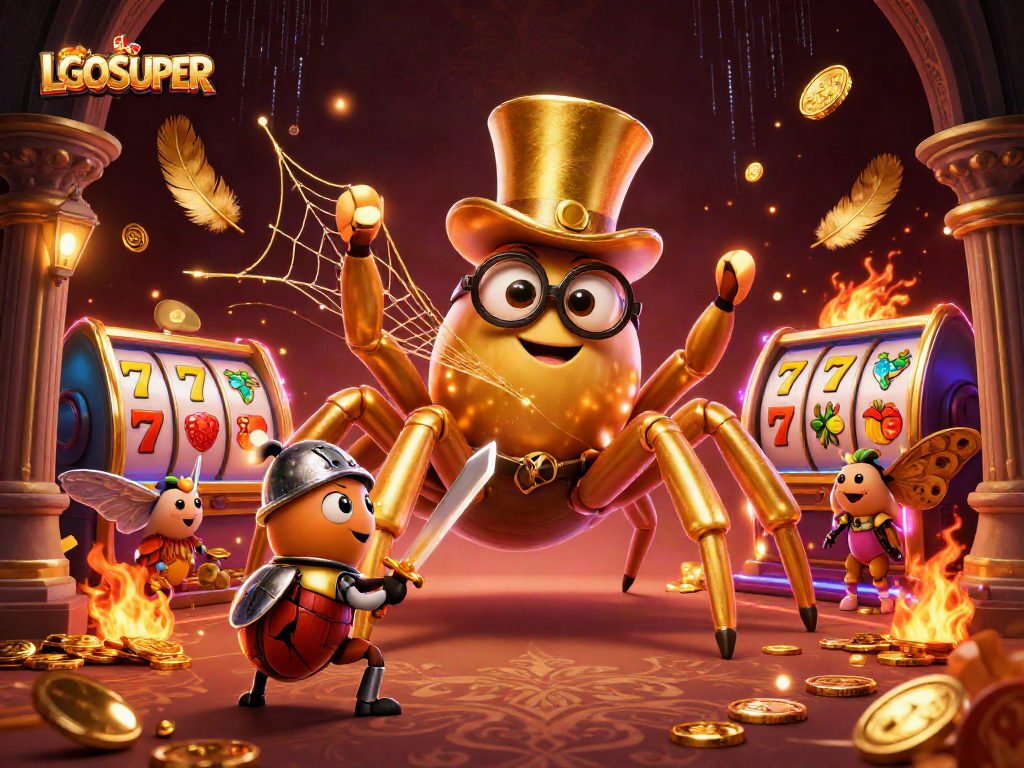 Engage with LGOSUPER in this vibrant scene showcasing a gold tarantula, knight, and slot reels.