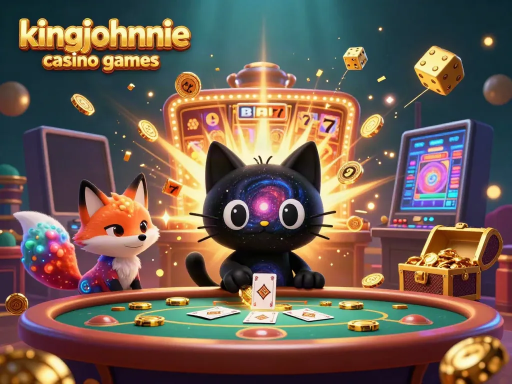 Engage with kingjohnnie casino games in a dynamic cosmic casino scene featuring vibrant characters and games.