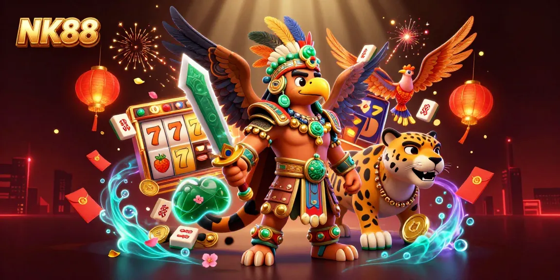 Engage with thrilling NK88 slot adventures featuring vibrant 3D Aztec warriors and dynamic casino elements.