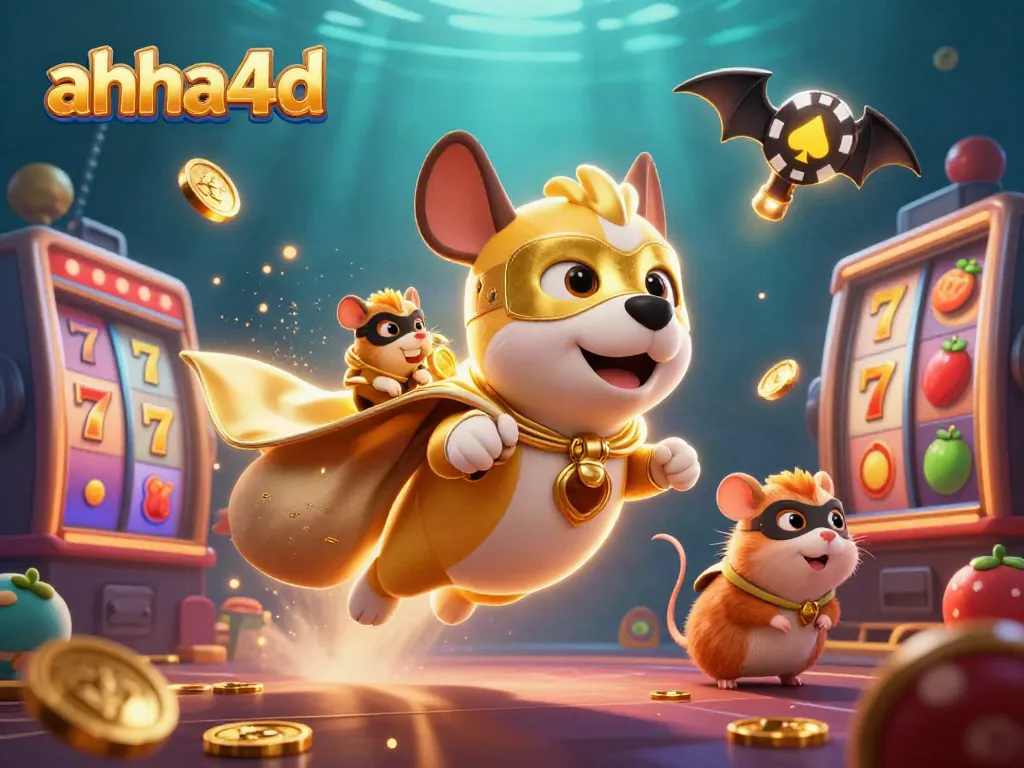 Experience vibrant gaming with ahha4d's cartoon superhero dog surrounded by glittering slot machines and gold coins.