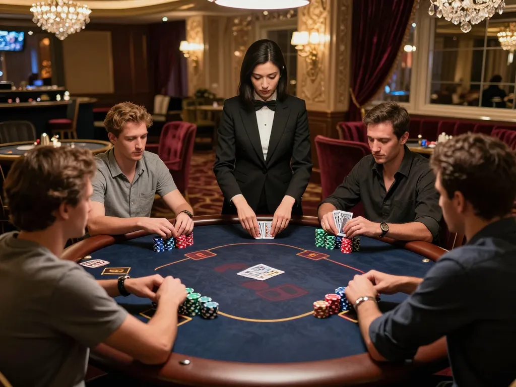 Engaged players enjoying their FLY 88 poker game at a luxurious casino table.