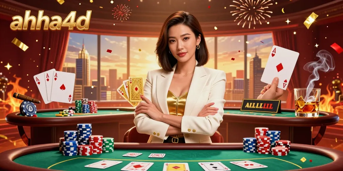 Experience the excitement of ahha4d with a powerful Asian woman showcasing her poker skills amidst vibrant casino elements.