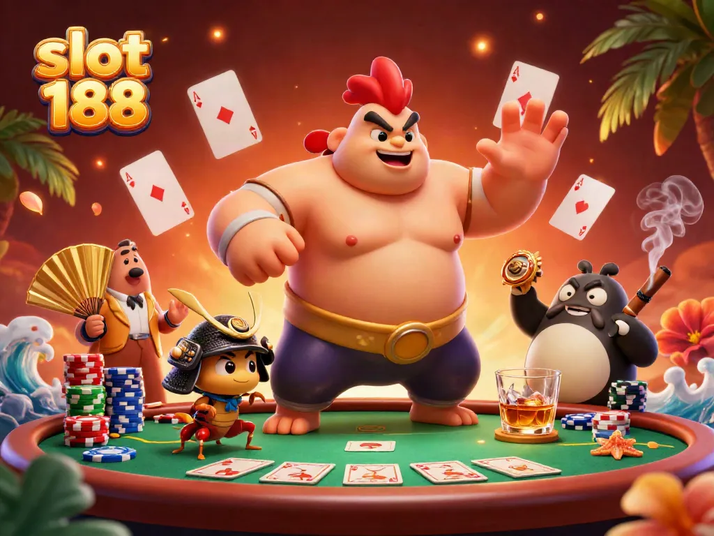 Slot 188 menghadirkan ilustrasi 3D menarik dengan karakter kartun dan elemen poker.