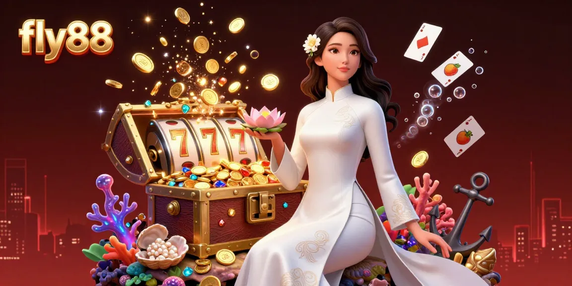 Fly88: Win big with vibrant slot elements in an elegant Vietnamese-inspired 3D casino scene.