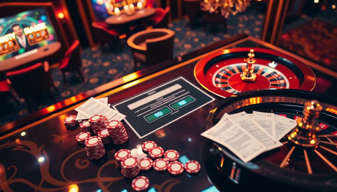 Experience the excitement of sbobet login terbaru with vibrant casino elements, including poker chips and roulette.