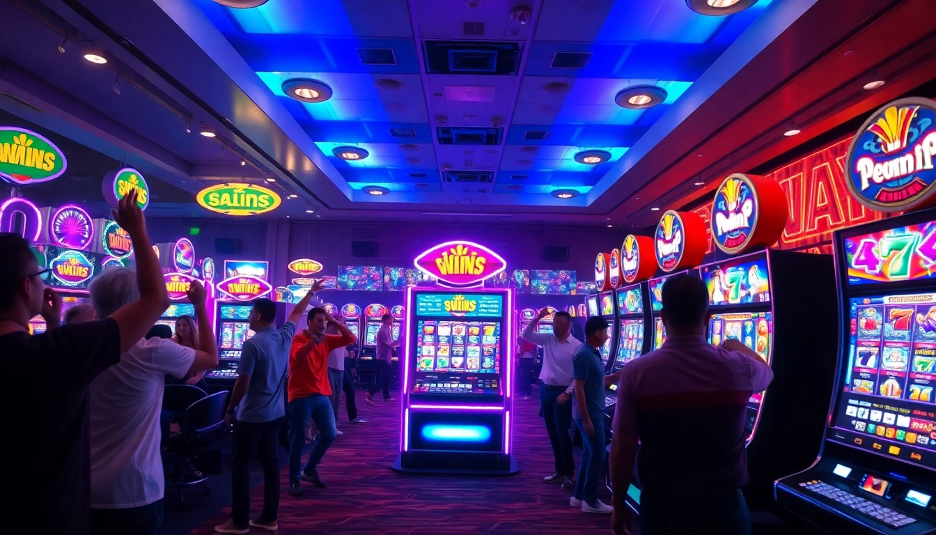 Menangkan slot gacor dengan kombinasi mesin slot yang berwarna-warni dan pemain yang merayakan.