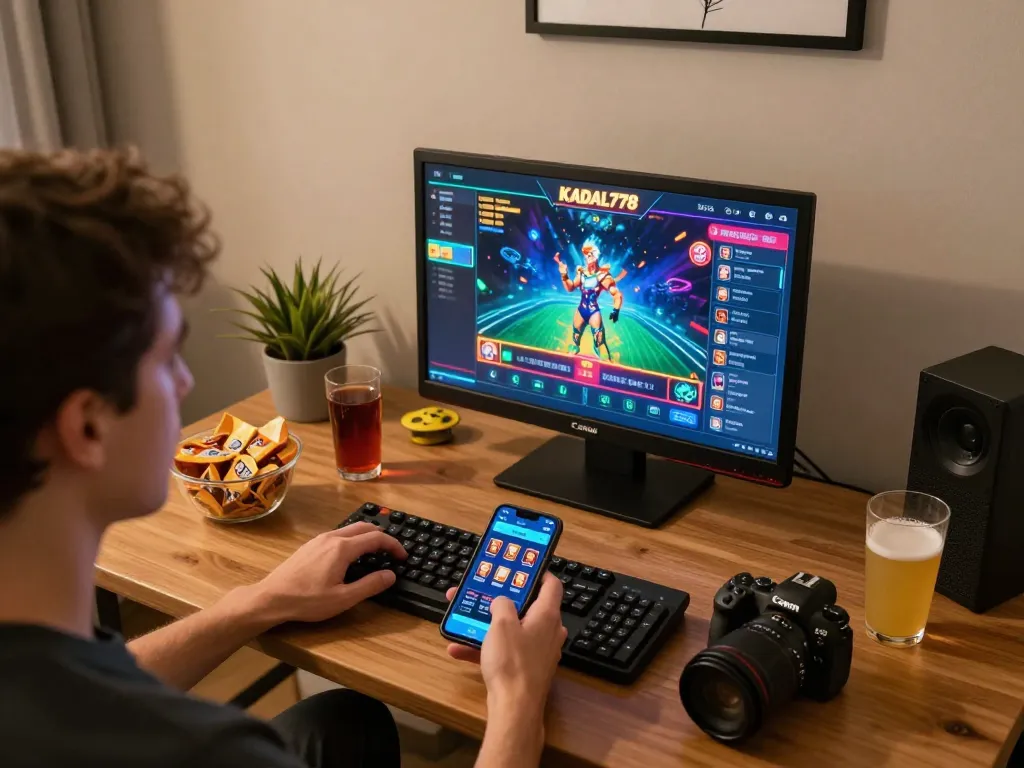 KADAL778 player engaging with online casino game on tablet, showcasing immersive gaming experience and cozy setup.