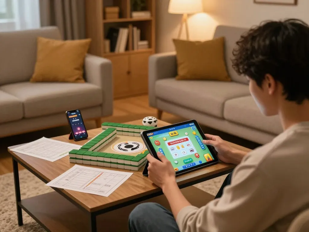 Gamer menggunakan tablet untuk strategi pola stabil rtp mahjong ways di lingkungan rumah yang nyaman.