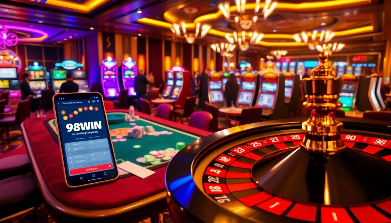 Experience the thrill of 98WIN with vibrant casino tables and slot machines.
