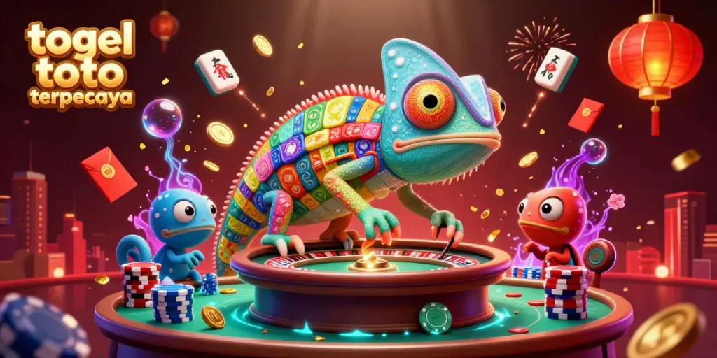 Menggambarkan permainan togel toto terpercaya dengan karakter kadal kasino yang menakjubkan dan elemen permainan yang menarik.