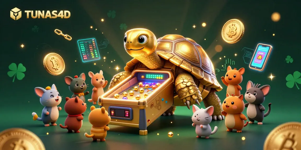 TUNAS4D entertains with a vibrant scene of a giant turtle pinball game, surrounded by colorful crypto elements.