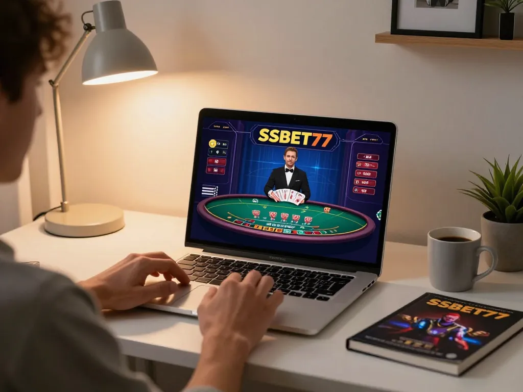 Engaging user playing SSBET77 live dealer game on a laptop with strategic focus.