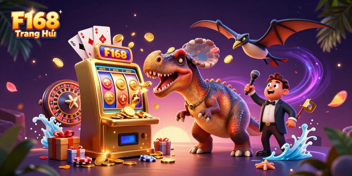 Experience thrilling wins at F168 Trang Chủ with a cartoon dinosaur hitting a jackpot