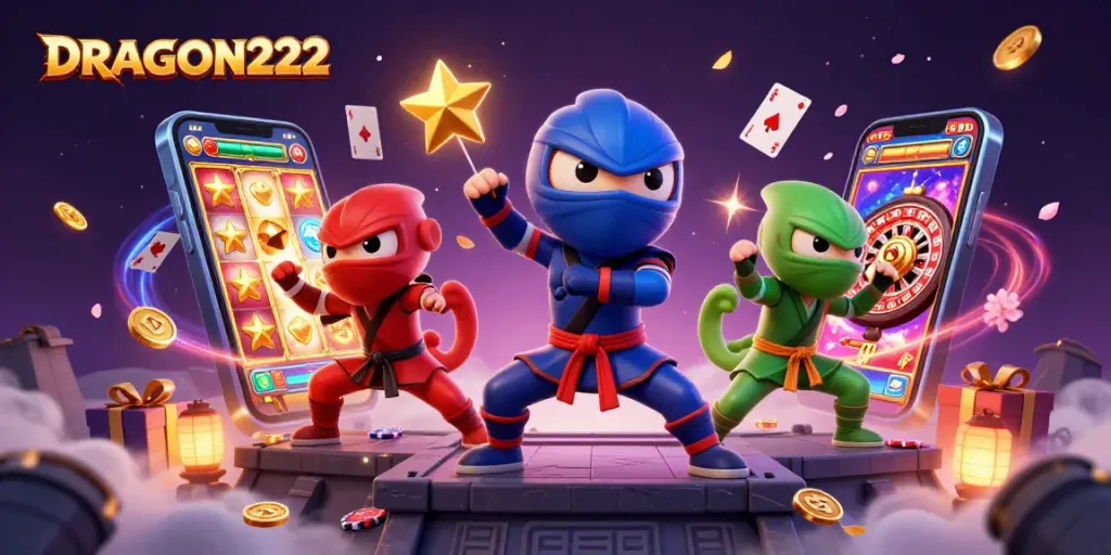 Experience excitement with DRAGON222 in a vibrant 3D casino illustration featuring dynamic ninja characters.