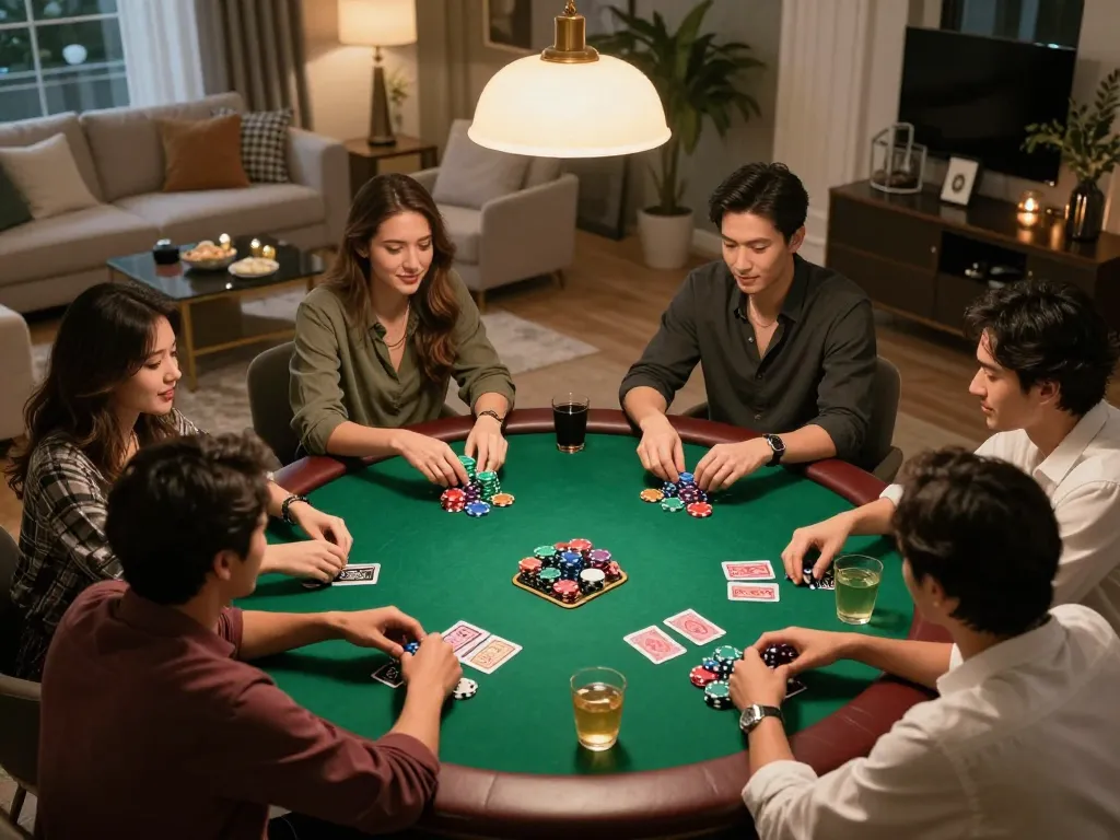 Friends enjoying a competitive game of poker at home, showcasing WW88's gaming atmosphere with focused players and colorful chips.
