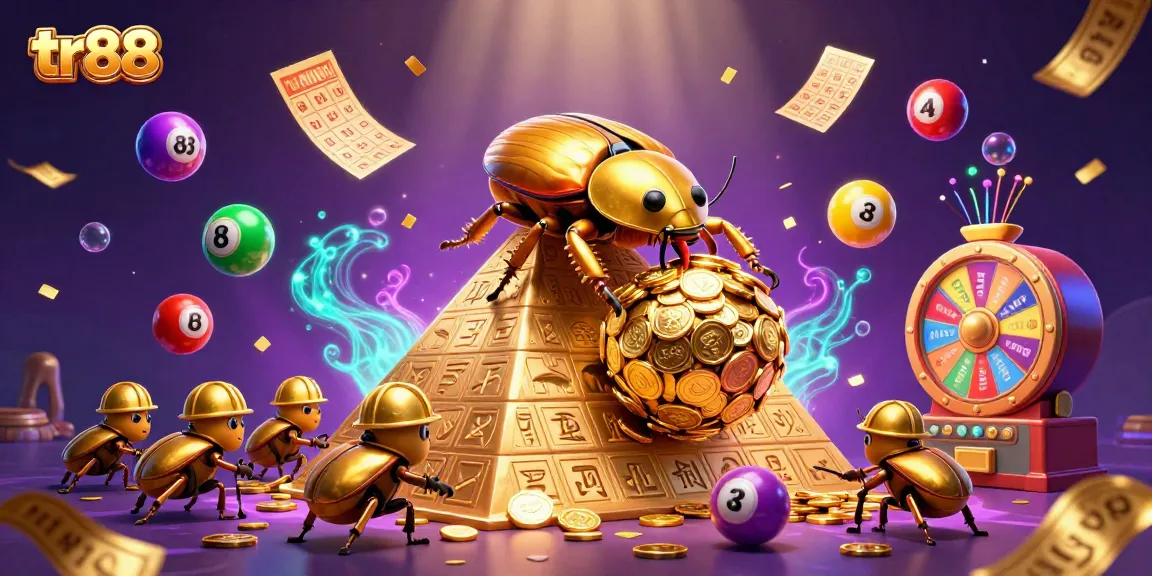 Experience the excitement at tr88 with a golden dung beetle rolling coins amidst vibrant casino elements.