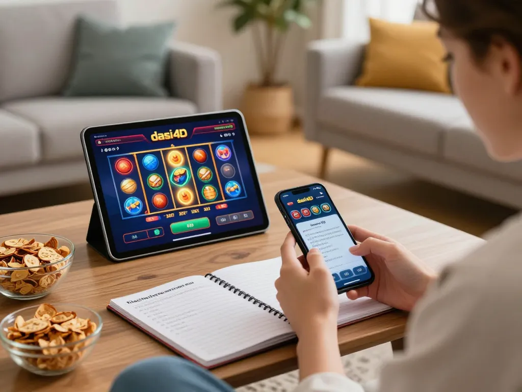Berinteraksi dengan antarmuka slot dasi4d di tablet dalam suasana rumah yang nyaman, fokus pada permainan strategis