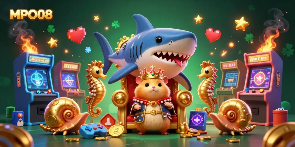 MPO08 engages players with a vibrant 3D casino-themed illustration showcasing a golden hamster king and seahorse guards amidst arcade games.