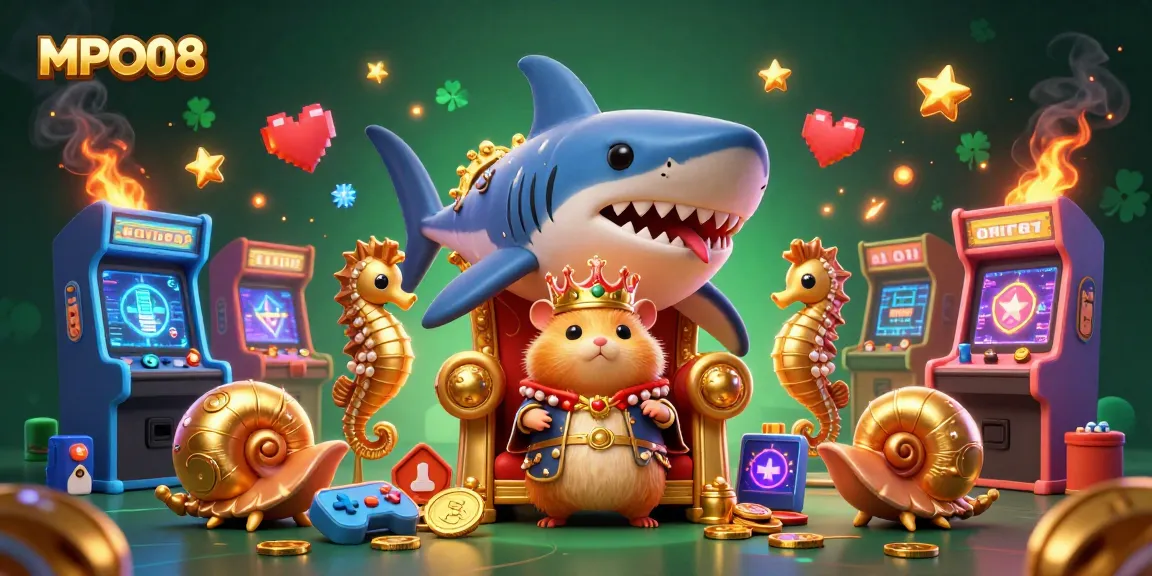MPO08 engages players with a vibrant 3D casino-themed illustration showcasing a golden hamster king and seahorse guards amidst arcade games.