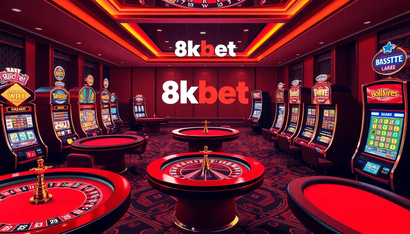 Engage in thrilling gameplay at 8kbet's exciting online casino, filled with vibrant slot machines and card tables.