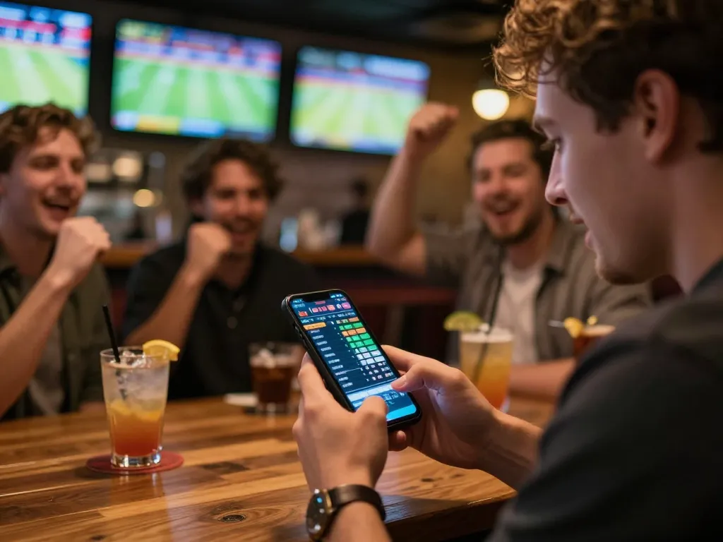Engaged player at Nhà cái Luckywin placing bets on sports app in lively bar setting