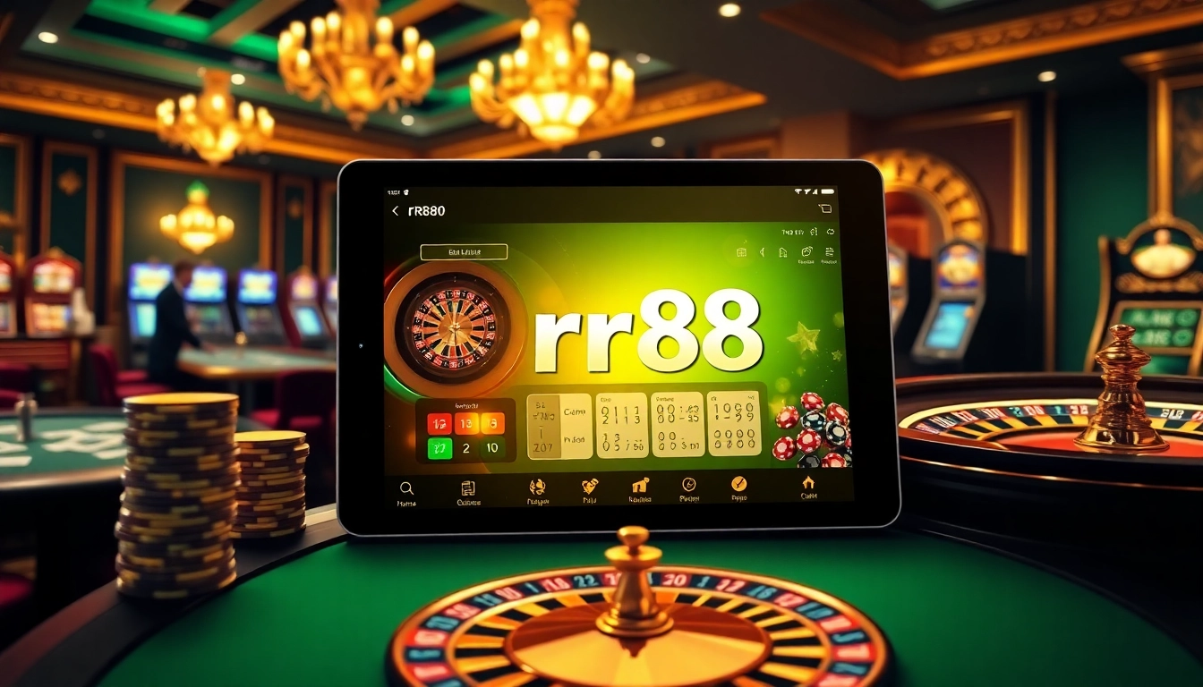 Engage with the rr88 app in a luxurious online casino featuring poker tables and vibrant slot machines.