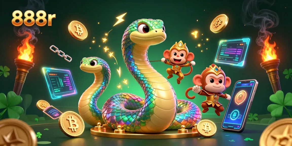 Experience thrilling gameplay with 888r, featuring a colorful serpent and playful characters in a vibrant casino setting.