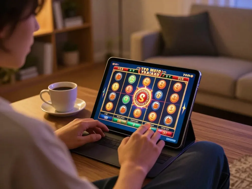 Engaging moment with a player enjoying Toto Macau slot on tablet, relaxing atmosphere with warm lighting.